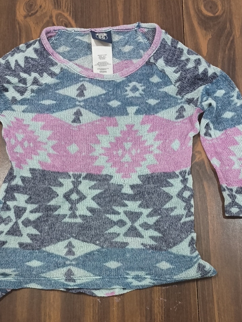 Route 66 Girls' Aztec-Pattern Long Sleeve Tee in Pink, Light Blue & Gray